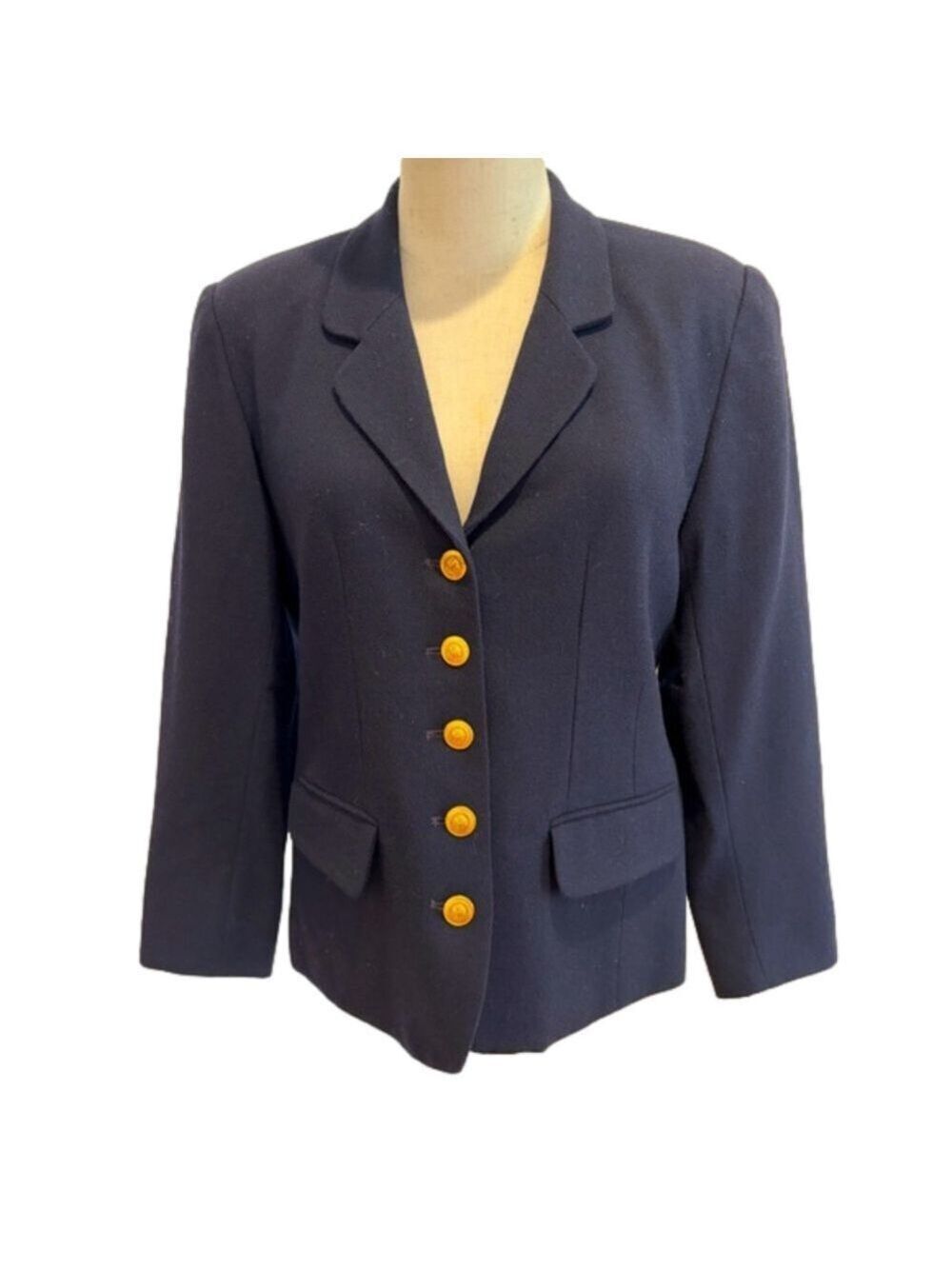 90s CHAUS NAVY CROPPED LINED WOOL BLAZER W MARTINGALE BACK BELT QUIET LUXURY 6P